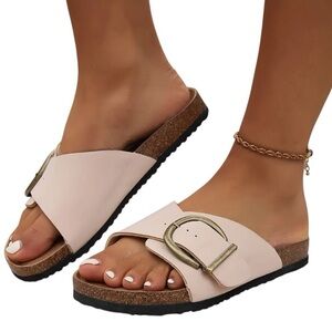 Tan Gold buckle Slide Sandals supportive footbed Vegan leather resortwear Boho